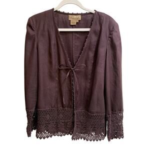 Peck & Peck Cardigan Women Size 10 Brown Linen Open Front Crochet
